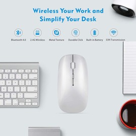 YOMYM Mouse inalámbrico Bluetooth, 2.4GHz Mouse Óptico Inalámbrico con 2400 dpi para PC, computadora portátil, Mac, Windows, Plata