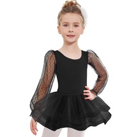Arshiner Girls Ballet Dress Tutu Long Sleeve Kids Dance Gymnastics Leotard with 3-Layers Tiered Skirt Ballet Outfit Ballerina Costume Dancewear for Girl Black 5–6 Years
