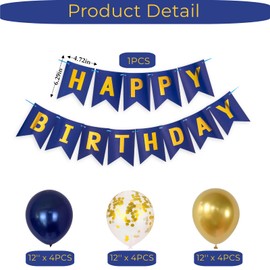 Gidobo Happy Birthday Banner for Boy Men, Navy Gold Birthday Party Decorations with 16pcs 12" Latex Balloons Bunting for Birthday Party Supplies