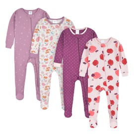 Gerber Baby Girl's 4-Pack Footed Pajamas, Apple and Woodland Floral, 12 Months