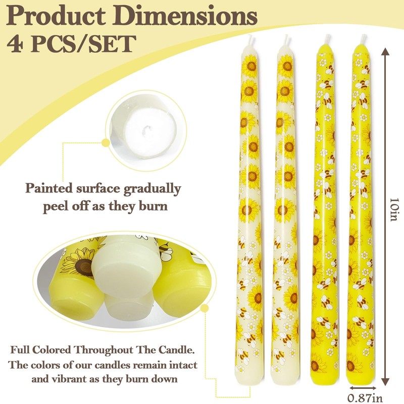 W&LESVAGO 4 Pcs Sunflower Print Taper Candles, 10 Inch Gradient
