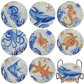 Diamond Painting Coasters with Holder, 8 Pcs DIY Marine Organism Glass Art Coasters, Round Full Drill Diamond Art Craft Supplies for Adults & Kids, Beginners