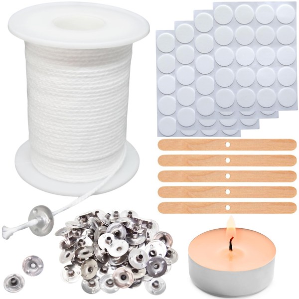 【200 Feet】Candle Wick Roll with 125 Pcs Metal Candle Wick Sustainer Tabs, 80Pcs Candle Wick Stickers and 5Pcs Wooden Candle Wick Centering Device, 61m Natural Cotton Candle Wicks for Candle Making Kit