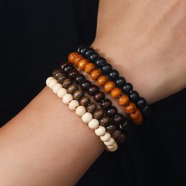 5 Pieces Vintage Wooden Beaded Bracelets for Women Unisex Multilayer Stretch Bracelet Set Beads Hand Chain Cuff Wrap Bangles Gothic Bohemian Jewelry Gifts, Medium, Wood, no gemstone