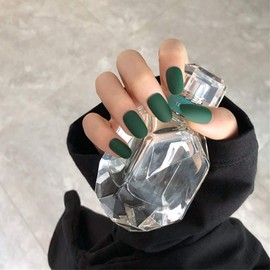 Aimimier 24Pcs Vintage Matte False Nails Round Medium Pure Color Full Cover Press on Nails with Glue Sticker Boho Fake Nails Art Tips Set for Women and Girls (Dark green)