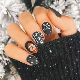 Christmas Press on Nails Almond Short Fake Nails Black False Nails With Snowflake Xmas Dog Footprint Designs Full Cover Stick on Nails Reusable Acrylic Winter Artificial Nails for Women Girls 24Pcs