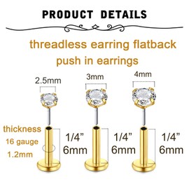 QWALIT Gold Threadless Cartilage Earring 16g Nose Stud 16g Helix Tragus Conch Earring Stud Flat Back Earrings Push in Labret Piercings Jewelry Lip Studs Flatback Earrings for Women 6mm