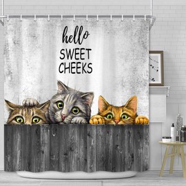 iTapnoom Funny Cute Cat Shower Curtain, Hello Sweet Cheeks Animal Farmhouse Bathtub Curtains Bathroom Decor Fabric Durable Washable Polyester Waterproof Set with 12 Hooks,72x72 Inch