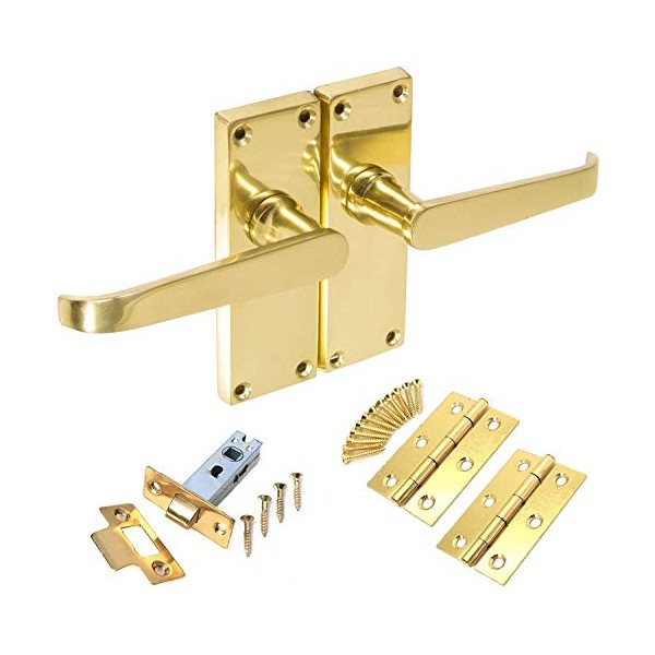 Polished Brass Straight Interior Door Handle Set Backplate 120mm x