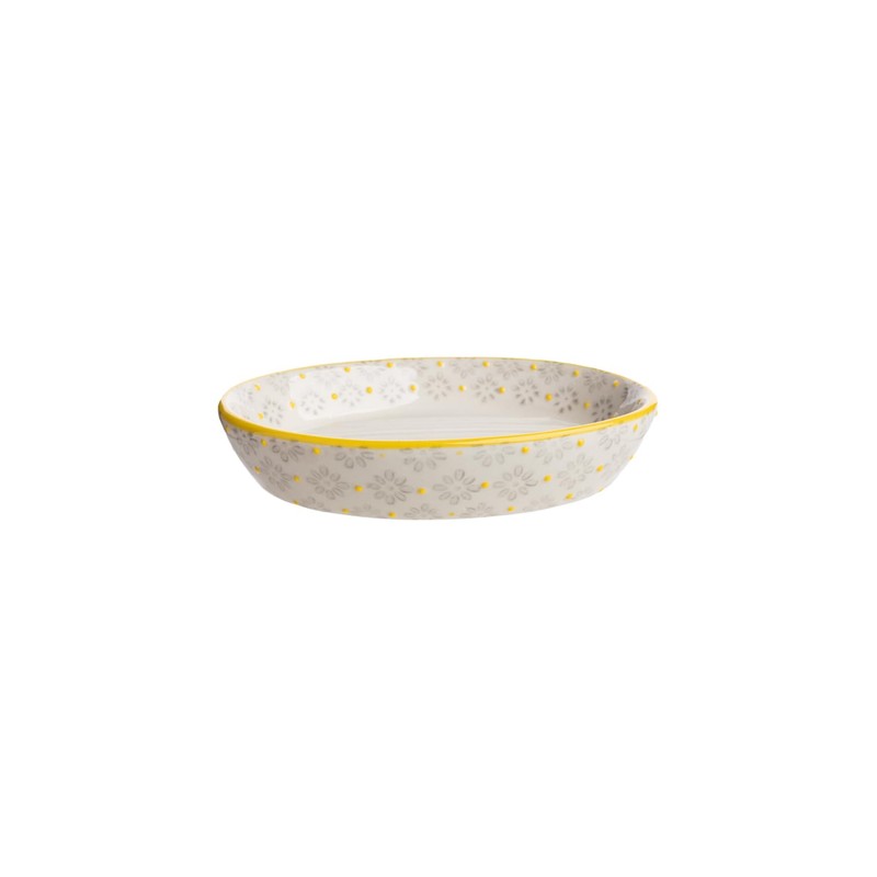 Large Oval Ceramic Soap Dish with Floral Prints, Yellow Trim,