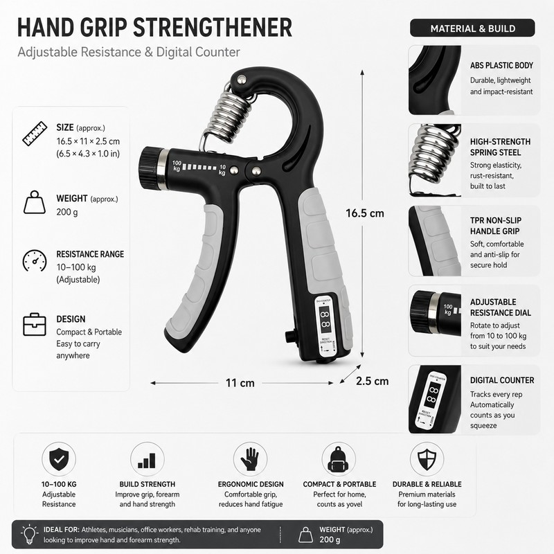 Adjustable Hand Grip Strengthener for Fitness Training – 10–100kg Spring