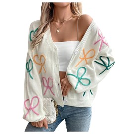 GORGLITTER Women's Bow Button Up Cardigan Sweater V Neck Long Sleeve Oversized Fall Cardigans, White, Small