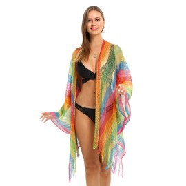 la ceida Sheer Beach Swimsuit with Metallic Sparkle Glitter Crochet Mesh Bathing Suit Swimwear or Bikini Tunic Cover Ups Wraps for Women (Rainbow)