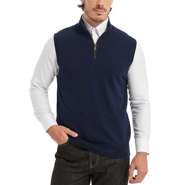 Kallspin Men’s Cotton Quarter Zip Sweater Vest Sleeveless Mock Neck