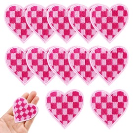 Jongdari 12pcs Heart Iron On Patches for Hats, Racing Day Pink Checkered Embroidery Patches Sew On Patch for Clothes Trucker Hat Jacket Denim Jeans Shirt Crafts