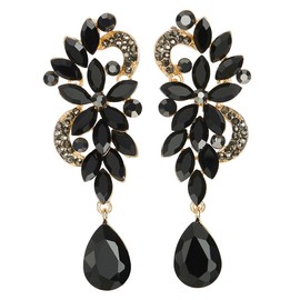 LARGE AND LONG Art Deco Black Rhinestone Crystal Cluster Chandelier Floral Teardrop Dangle Statement Earrings(CA)