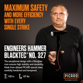Picard Riveting Hammer BlackTec 300g - German Pattern, Cross Peen, Alloy Steel Head, Black Powder Coated, Low Vibration, Fiberglass Core Handle, Rubber Grip, 0032700-0300