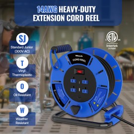 WILAWELS 60 FT Retractable Extension Cord Reel, 14AWG Heavy Duty Power Cord with 4 Grounded Outlets, USB-A & USB-C Ports, 13A 1625W, Portable Hand Crank for Indoor Outdoor Use, ETL Listed U60ACR06