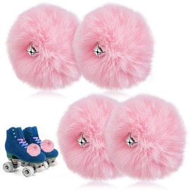 AHANDMAKER 4Pcs Roller Skate Pom Poms with Bells, Pink Roller Skate Pom Poms for Girls Women, 8cm Fluffy Tie-on Roller Skate Pom Poms, Fuzzy Pom Poms with Shoelace for Quad Roller Skate Accessories