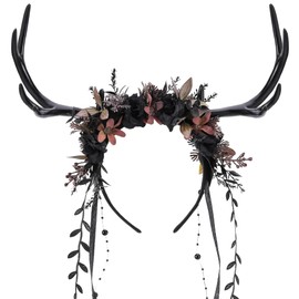 MOSTORY Black Flower Antler Headpiece - Dark Floral Reindeer Headband for Witch Aesthetic Cosplay Renaissance Accessories Women, Gothic Deer Horns Headband with Vine for Fantasy Photo Shoot