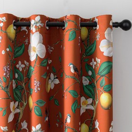 MYSKY HOME Floral Blackout Curtains Panels 84 inches Room Darkening Grommet Vintage Curtains & Drapes with Flower Lemon Hummingbird Patterned for Bedroom Nursery Kids Room, Pack-2, 52", Burnt Orange