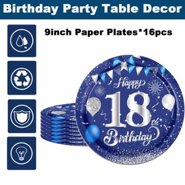 16Pcs Navy Blue 18th Birthday Plates 9inch Paper Plate for 18th Party Decorations Blue,18th Birthday Decorations Plates for Man Men Him Party Paper Plates 9" Tableware for 18th Dinner Paper Plates
