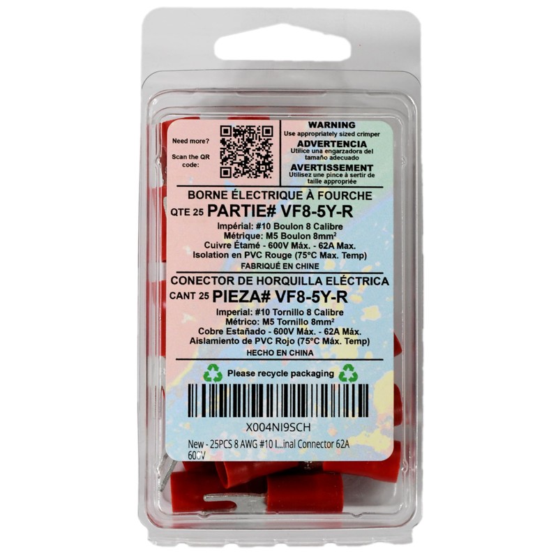 25PCS 8 AWG #10 Insulated Fork Terminal Connector 62A 600V