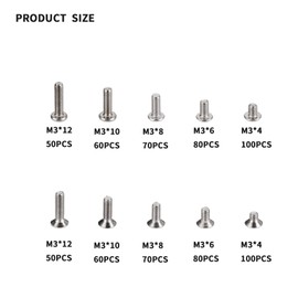 720 Pcs M3 Metric Hex Socket Head Cap Screws Bolts Set, Including 360 Pcs Countersunk Pan Head Screws, 360 Pcs Flat Head Screws for 3D Printer Machine - silver, 4mm/6mm/8mm/10mm/12mm