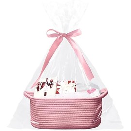 Baby Gift Basket with Gift Bags and Ribbons, 12x 8x 5 Inch Basket for Baby and Pet Toys, Small Cotton Rope Basket - Pink