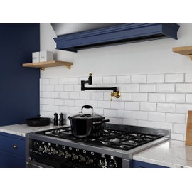 Anzzi Wall Mount Pot Filler Faucet, Double Joint Swing Arms, Single Hole, Solid Brass Interior, Stainless Steel Finish, Matte Black & Brushed Gold, 2 Handle (KF-AZ259MBBG)