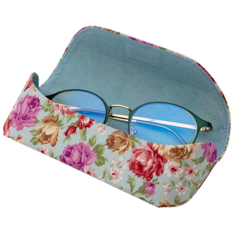 Pearl 092917 Glasses Case Semi-Hard Magnetic HA-138 Rose Pattern Blue