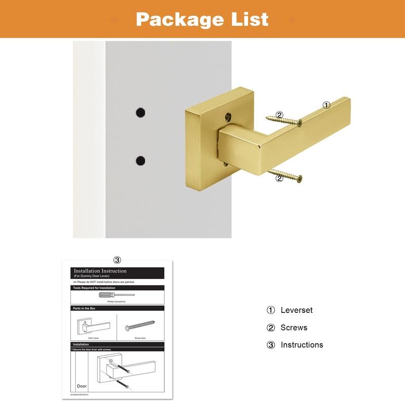 Probrico 6 Pack Inactive Square Door Lever, Single Side Gold