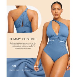 SHAPELLX One Piece Swimsuit Women Tummy Control Bathing Suit Full Coverage Slimming Swimwear Ruched Swim Suit Blue