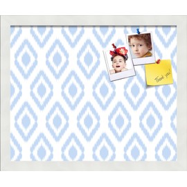 PinPix 16x13 inch Cork Bulletin Board. This Decorative Framed Pin Board Comes with Ikat Light Blue Design and Satin White Frame. Ideal for Home, Office Decor or School (PinPix-1633)