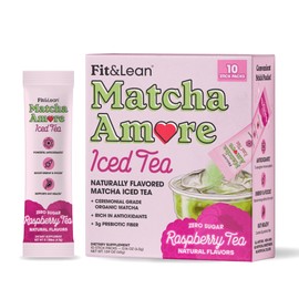 Fit & Lean Matcha Amore Iced Tea, Fruit-Inspired Naturally Flavored Organic Ceremonial Grade Matcha Green Tea, Naturally Sweetened, NON-GMO, Zero Sugar, Raspberry Iced Tea, 10 Stick Packs