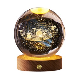 3D Crystal Ball Night Light Rechargeable Battery Soft Light Multifunction Crystal Ball Lamp with Wooden Base for Home Bedroom Solar System