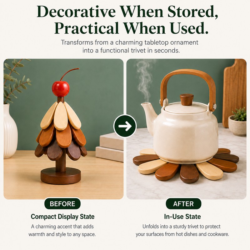 Wooden Tree Trivet Set for Dining Tables – Folding Pot