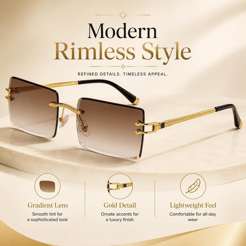 AOOLIA Rectangle Gradient Rimless Sunglasses Women Men Transparent Tinted Metal