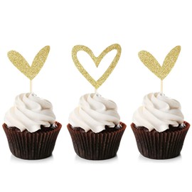 Unimall Global 24pcs Gold Glitter Heart Cupcake Toppers Cute Design Love Cupcake Toppers for Wedding Bride Anniversary Baby Shower Party Decorations Supplies