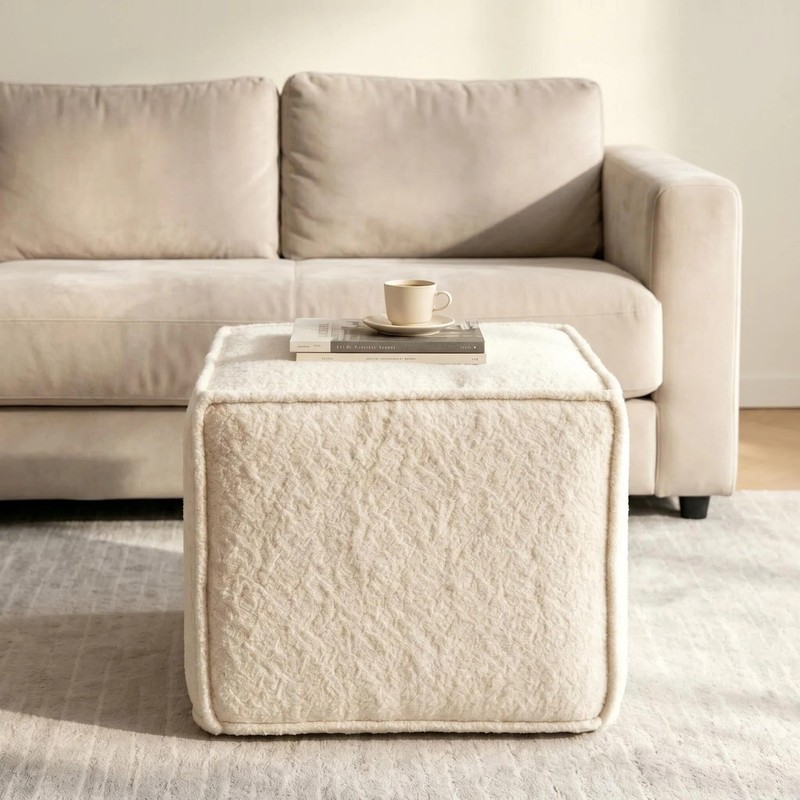 20.1" Pouf Boneless Boucle Ottoman, Upholstered Compressed Ottoman Foot Rest,