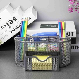 Desk Organiser, Mesh Metal Office Organiser with Drawer and Pen Holder, 9 Sorting Compartments for Pens, Stapler, Folder Clips, Sticky Notes, Space Saving Desk Organiser Pens Organiser