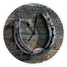 LetusZhogo Barn Rustic Round Wall Clock Barn with Rusty Horseshoe Wooden Boards Silent Non-Ticking Battery Operated Home Wall Clock Decor for Living Room Classroom 15 Inch