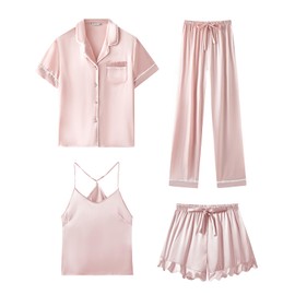 SAPJON Silk Pajamas for Women Set 4Pcs Ruffled Satin Pajamas Set Button Down Short Sleeve Cami Shorts Sleepwear Pj Set Pink