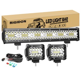 RIGIDON 17Inch 360W Light Bar Triple Row Flood Spot Combo 2PCS 4Inch 60W LED Fog Light Waterproof with Work Light Wire Harness Kit for Driving Boat Off Road ATV UTV Truck