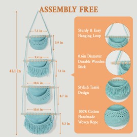 4 Tier Hanging Fruit Basket for Kitchen, Aqua Boho Handwoven Cotton Rope Macrame Fruit Holder for Bathroom Bedroom, Detachable Wall Hanging Basket Over Door Organizer for Fruit Veggie Plant Decor