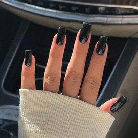 Black Press On Nails Medium Long Square, Xcreando Medium Coffin Nails Acrylic Press ons Glue on Nails Long Length, Solid Color Fake Nail for Women, Natural Thick Artificial Nail Stick on