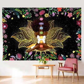 Ine Ive African Chakra Tapestry African American Woman Zen Meditation Tapestry 60x40 Inch Starry Sky Flower Garden Tapestry Inspirational Afro Yoga Wall Art Tapestry for Bedroom Dorm Decor GTDWIE0230