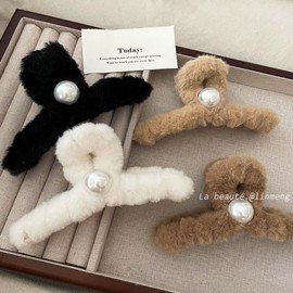 Korean Pearl Pure Large Hair Claw Clip - Autumn/Winter Multi-Pin Design One Size/13cm Pearl White Fur Clip 20ea