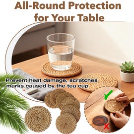6-Pack Handmade Rattan Coasters with Holder, Modern Farmhouse and Boho Woven Drink Coasters for Kitchen, Coffee Table Decor, Heat-Resistant Reusable