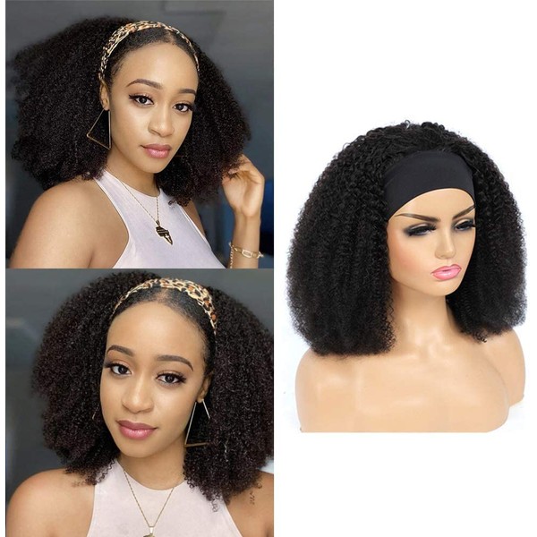 IFLY Real Hair Wig Human Hair Headband Wigs for Black Women 12 Inch Afro Kinky Curly Human Hair Wigs Non Lace Front Wig Brizilian Virgin Hair 150% Density Wigs Natural Colour